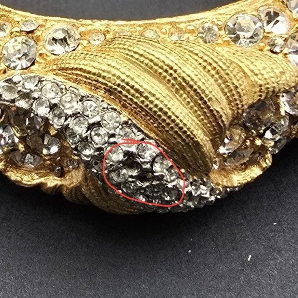 Vintage Cadoro Textured Gold Tone Wide Metal Bangle Bracelet Rhinestone Hinged